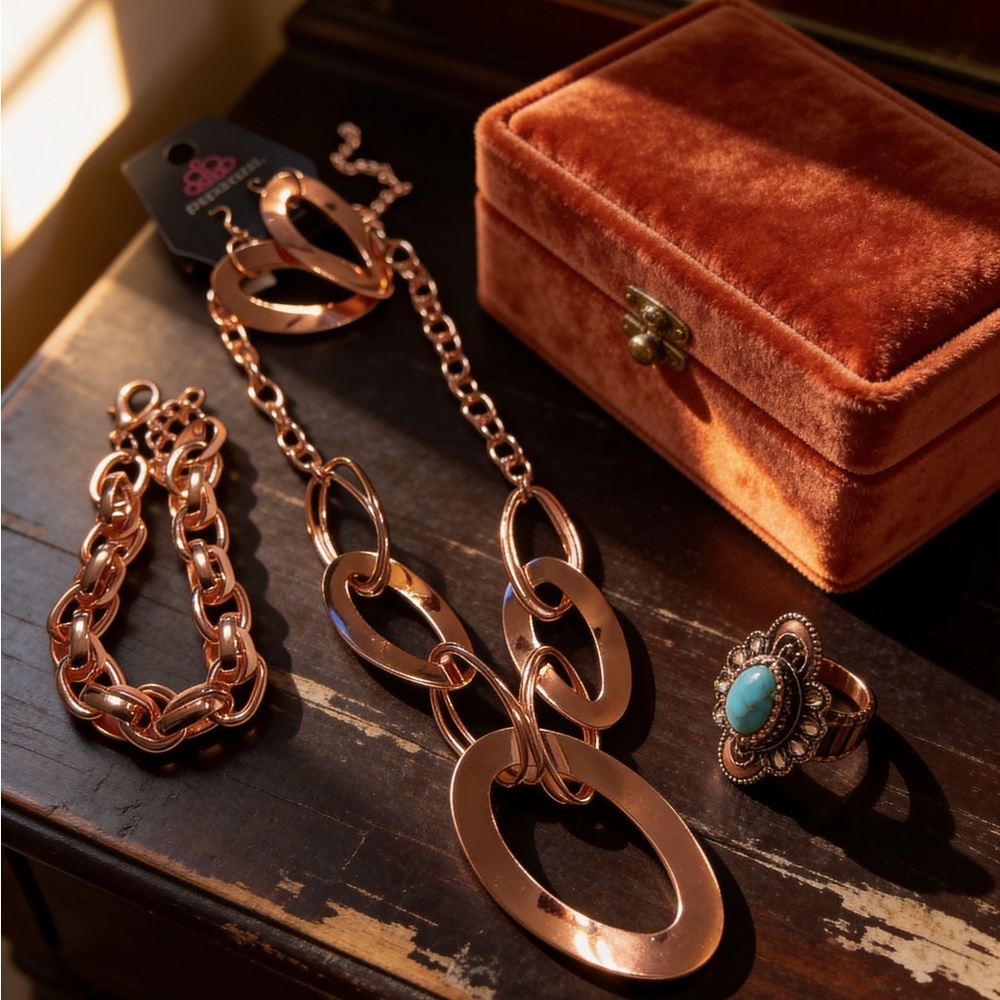 Rose Gold Color Jewelry Set with Turquoise  Color Ring